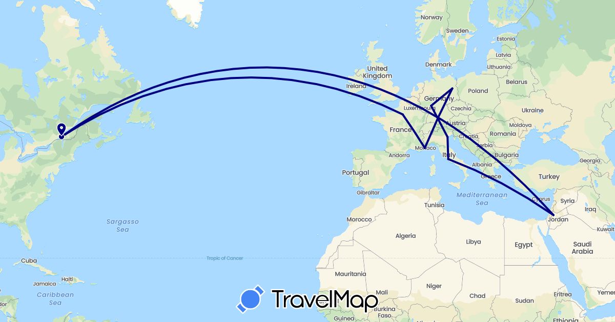 TravelMap itinerary: driving in Canada, Germany, France, Italy, Jordan (Asia, Europe, North America)